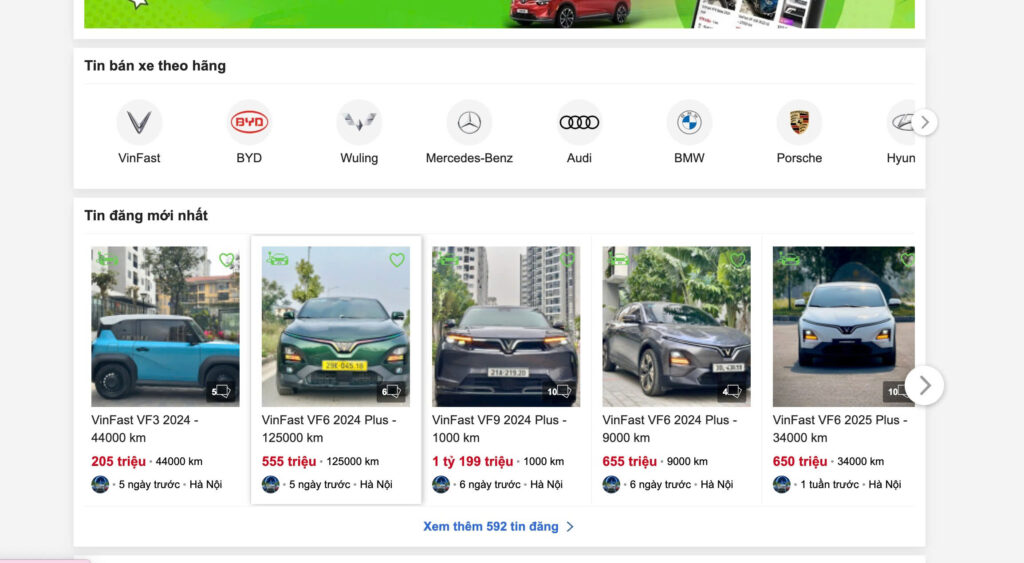 ví dụ về một website bán ô tô điện cũ